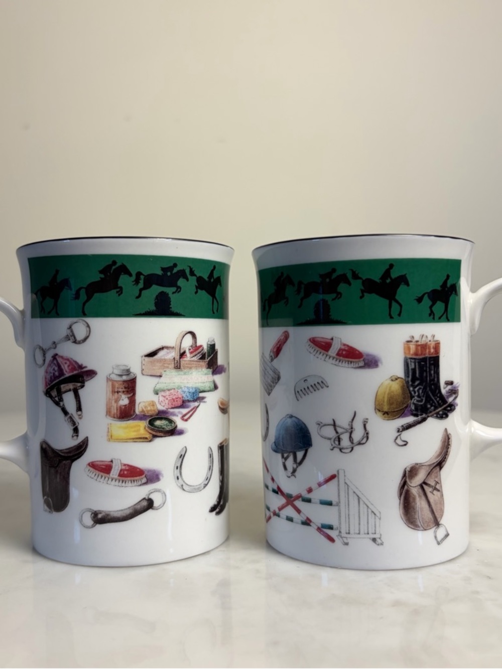 Vintage Rose of England Equestrian Horse Bone China Mugs Set 2 Made England Gift